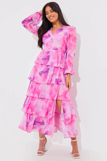Abstract Floral Chiffon Frill Midaxi Dress